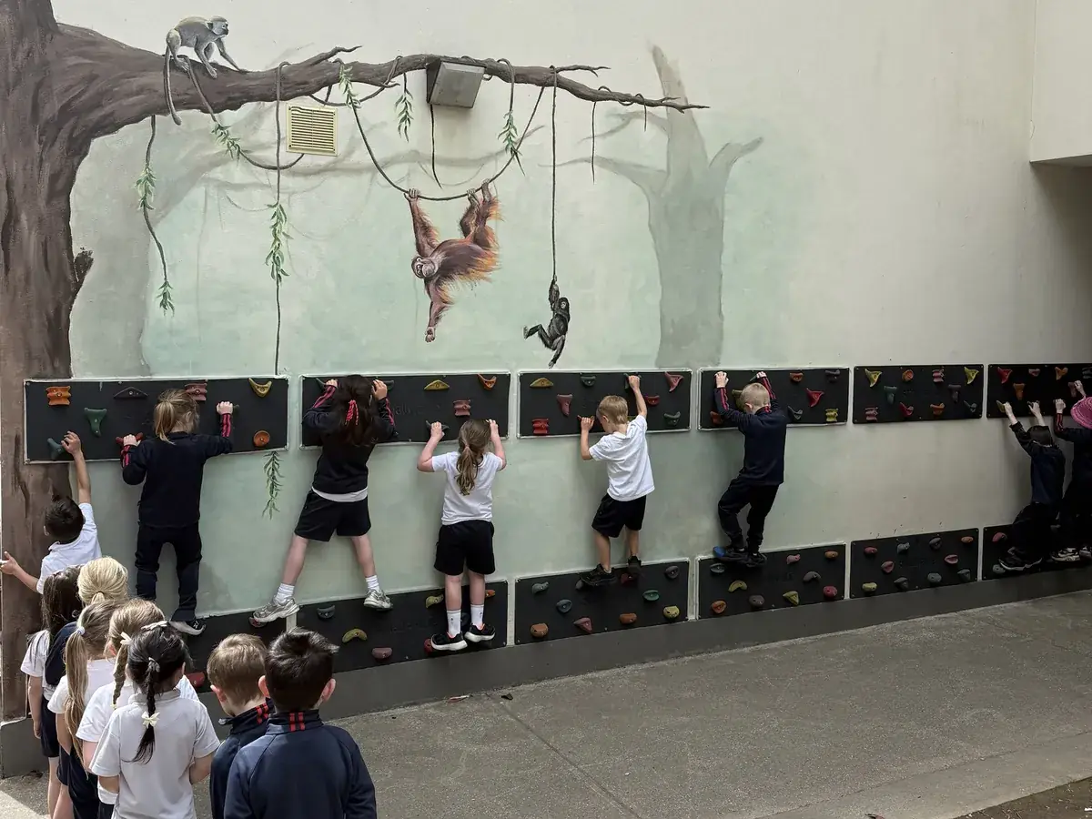 The same climbing wall painted as a jungle canopy with an orangutan and monkeys, children climbing beneath it